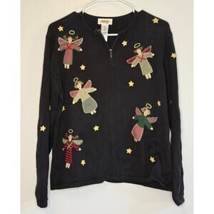 Talbots Angel Christmas Zip Front Cardigan Sweater Embroidered Women's Medium